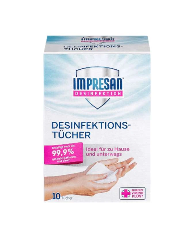 Original-Produktfoto: IMPRESAN Desinfektionstücher, 10 einzeln verpackte Tücher in der Faltschachtel.