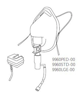 Technische Familienabbildung: CAPNO2-Maske für die Mainstream-Messung. Hier angeboten: Erwachsene, 10 Stück. Sensor und Kabel dienen der Funktionsdarstellung und sind nicht enthalten.