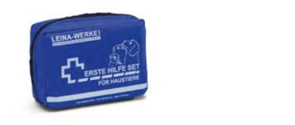 Originalabbildung des blauen Erste-Hilfe-Sets für Haustiere mit weißem Aufdruck. Lieferumfang gemäß Artikelbeschreibung.