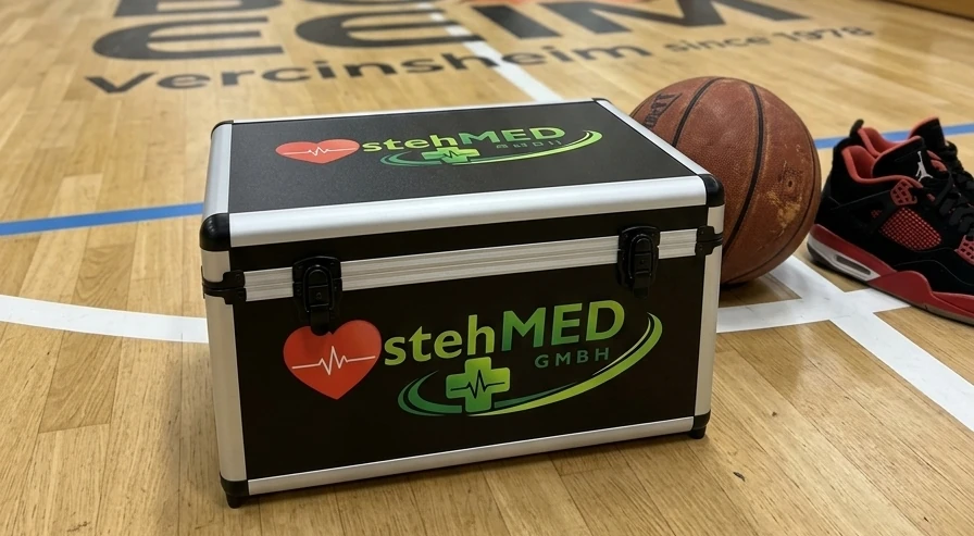stehCASE und Basketball in einer Sporthalle