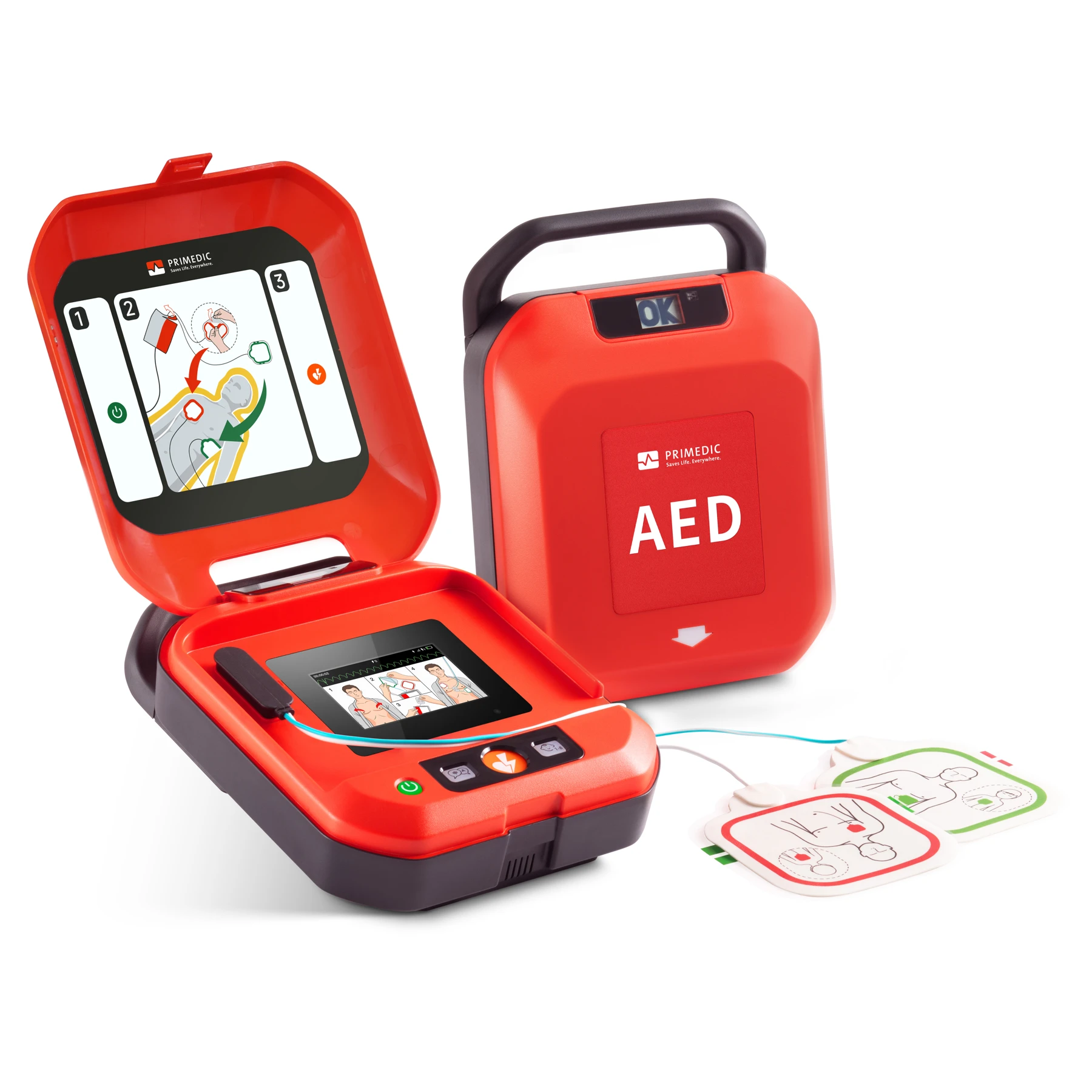 HeartSave Y mit Elektroden, offene und geschlossene Ansicht.