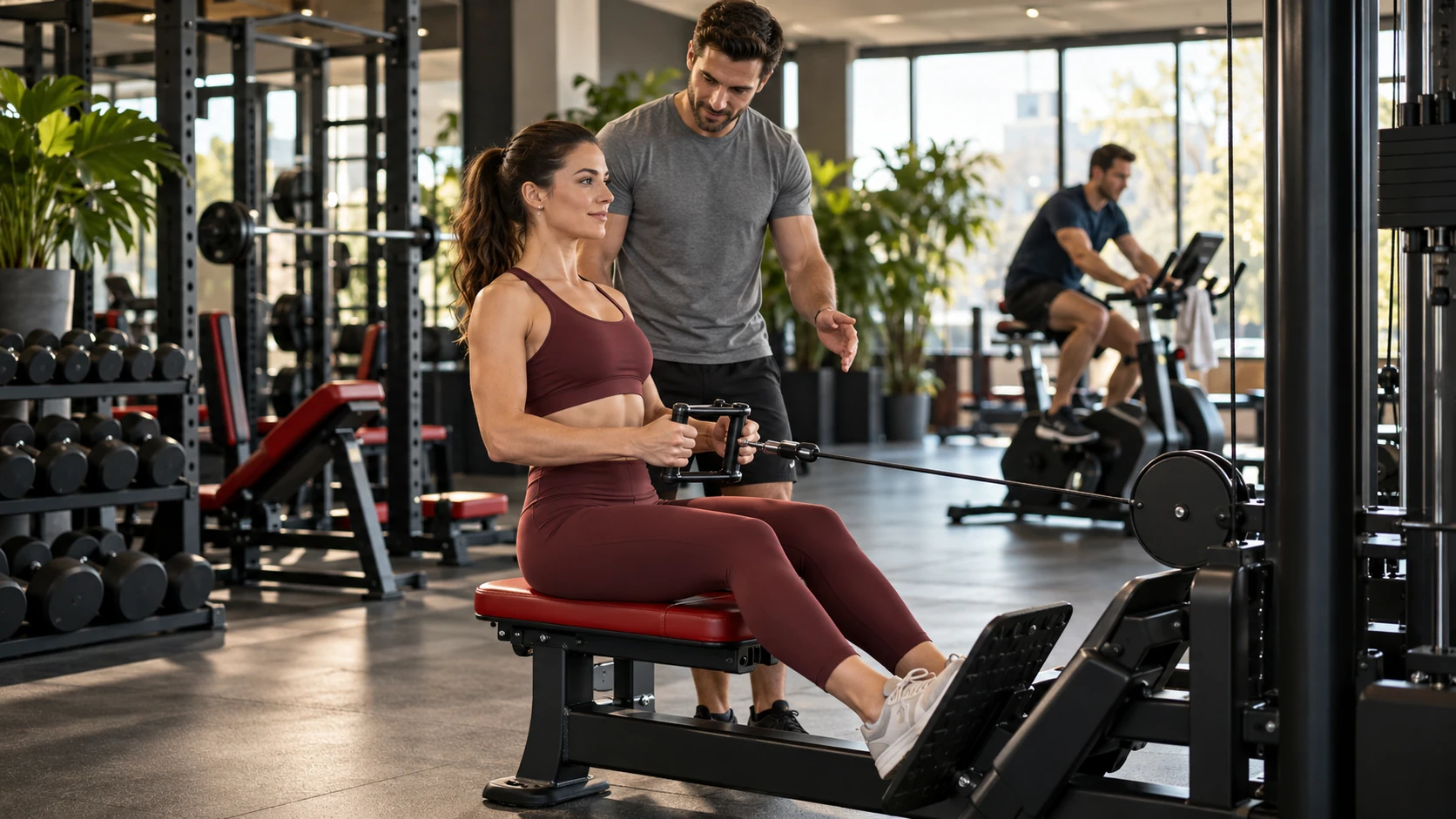 Erwachsene beim Training in einem modernen Fitnessstudio, illustratives Motiv
