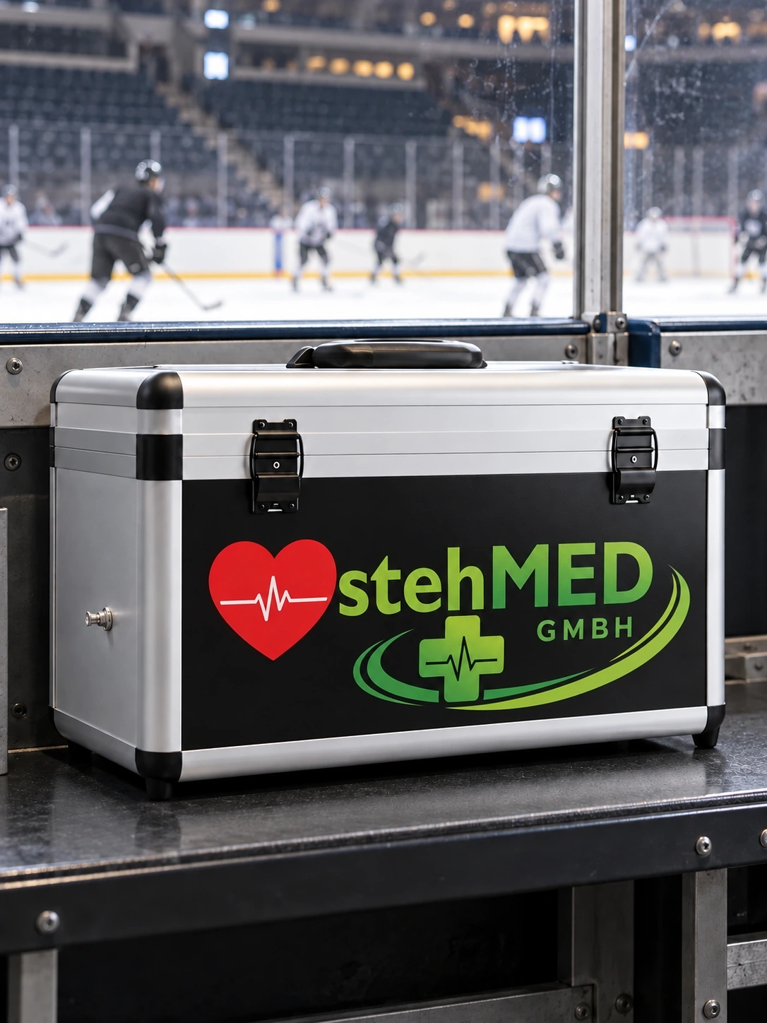 stehCASE mit deutlich sichtbarem stehMED-Logo an einer Eishockey-Spielerbank