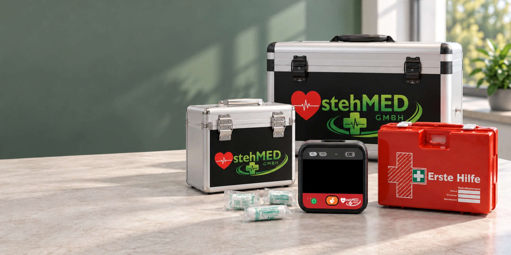 stehCASE, Defibrillator und Erste-Hilfe-Produkte als Sortimentsübersicht
