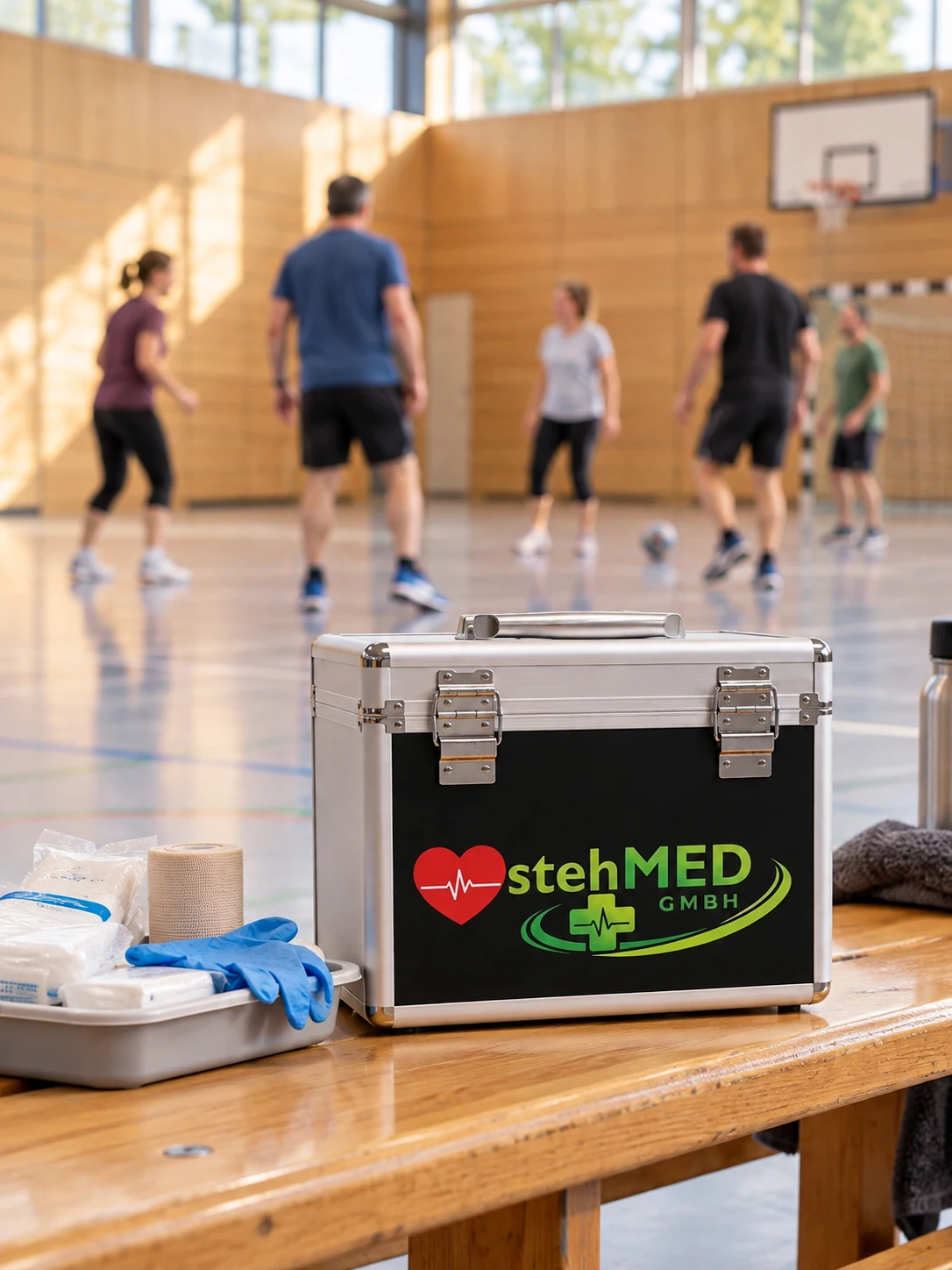 stehCASE und Erste-Hilfe-Material am Rand einer Sporthalle