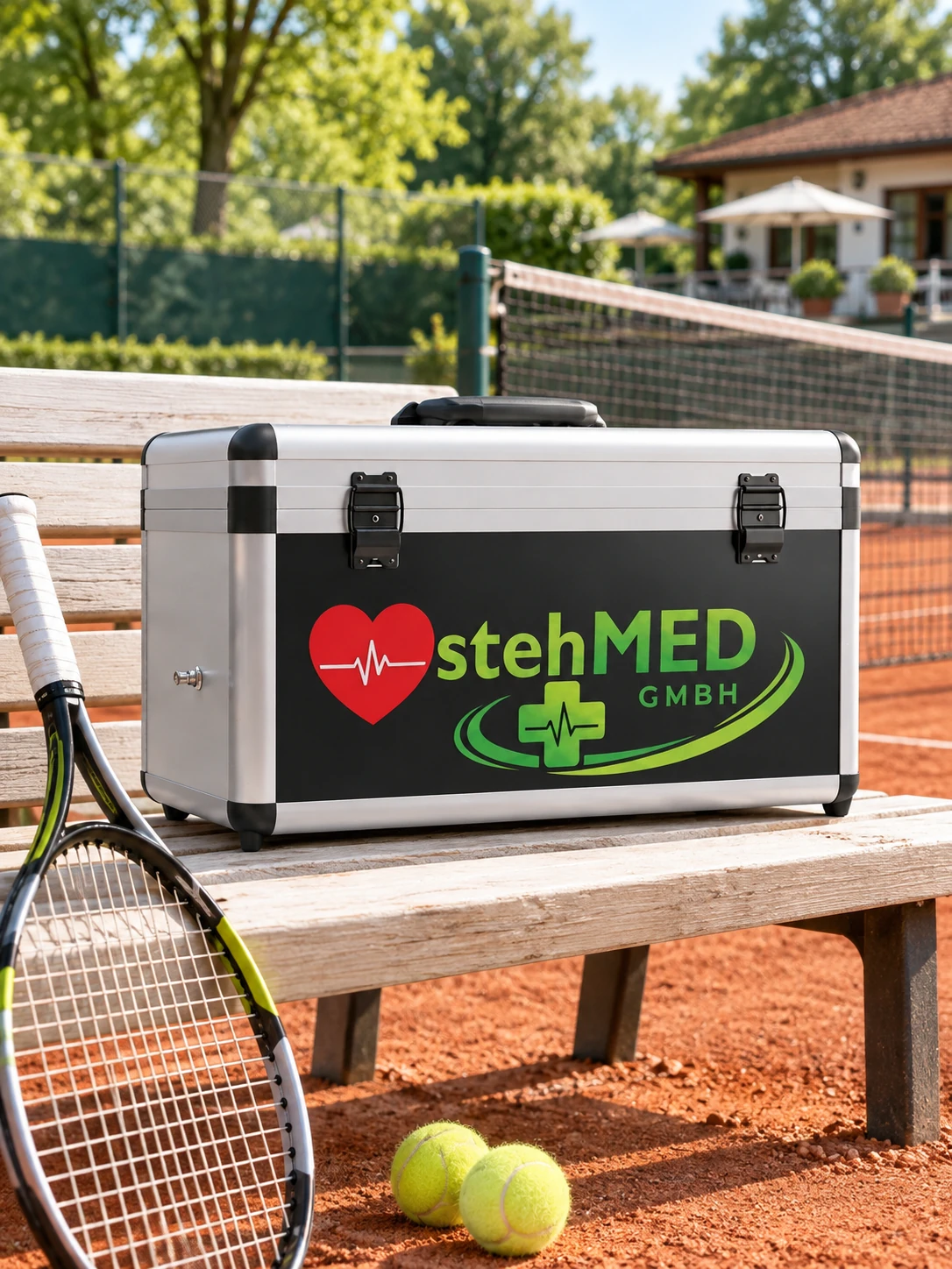 stehCASE auf einer Bank am Rand eines illustrativen Tennisplatzes