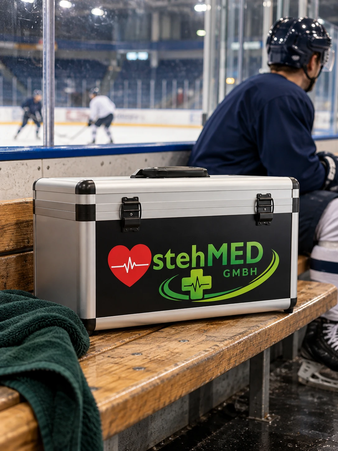 stehCASE an der Spielerbank einer illustrativen Eishockeyarena