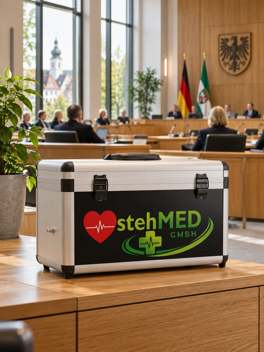 stehCASE auf einem Sideboard in einem illustrativen kommunalen Sitzungssaal