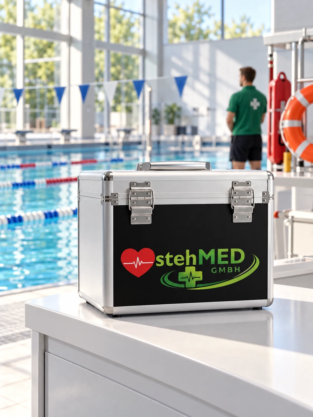 Trockener stehCASE an einer Aufsichtsstation im Hallenbad