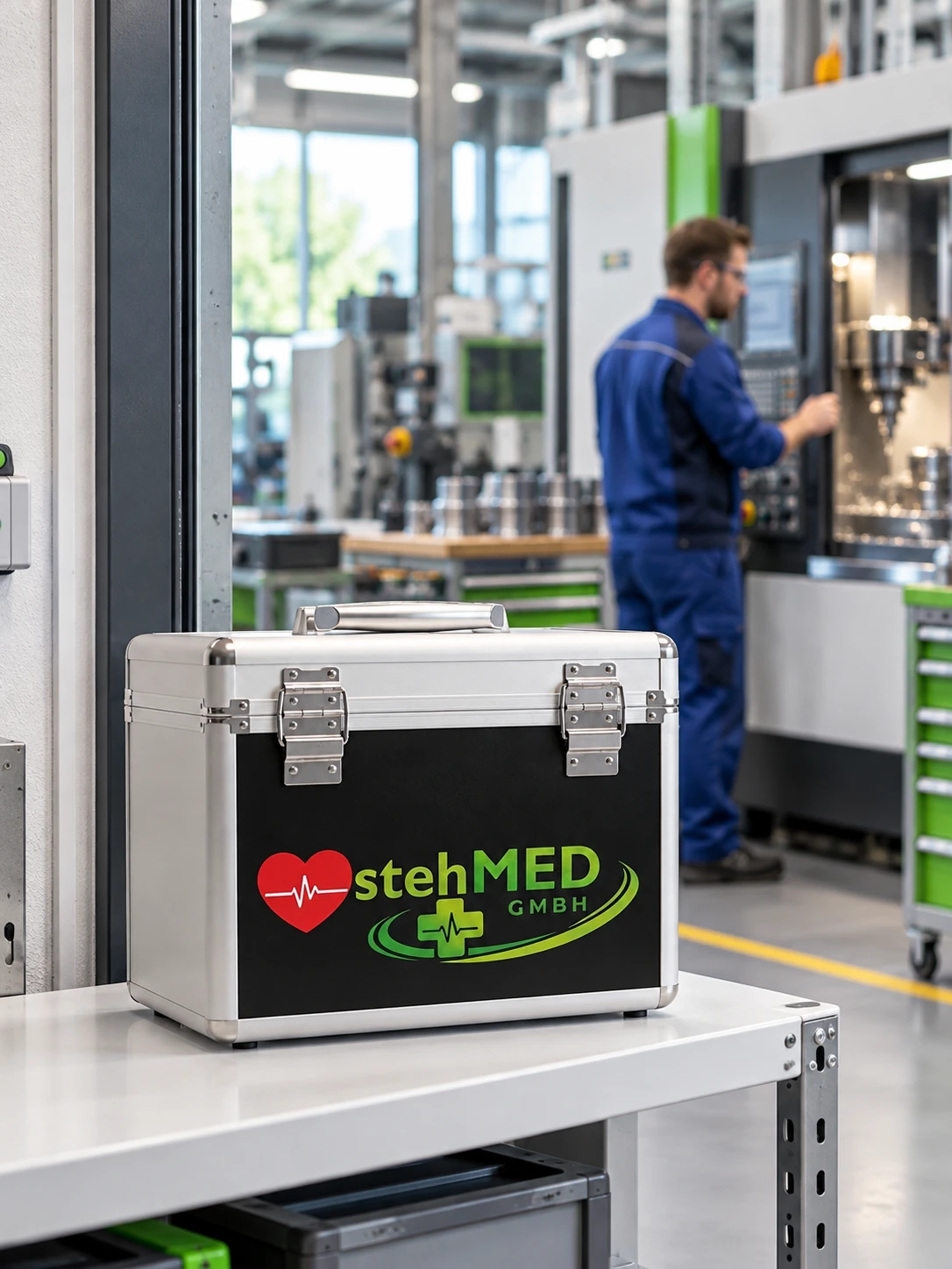 stehCASE auf einer Sicherheitsablage in einer modernen Produktionshalle