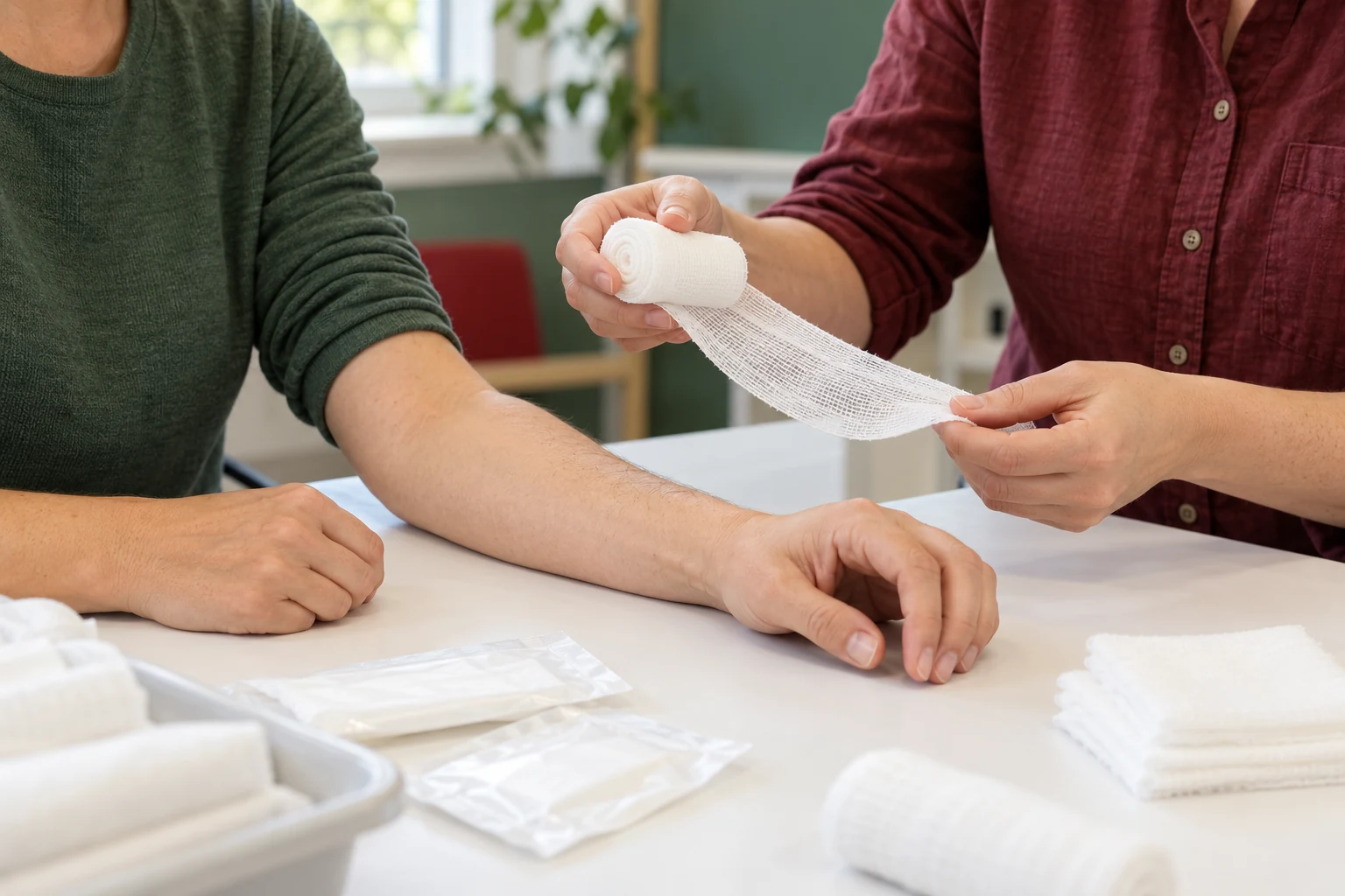 Zwei Erwachsene üben das Anlegen einer Binde an einem unverletzten Unterarm